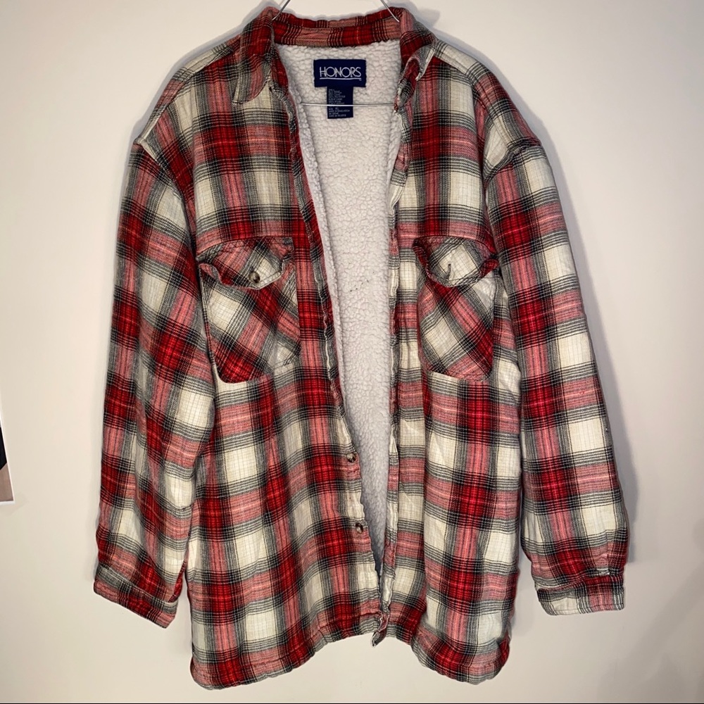 Honors red and tan plaid faux fur jacket XL